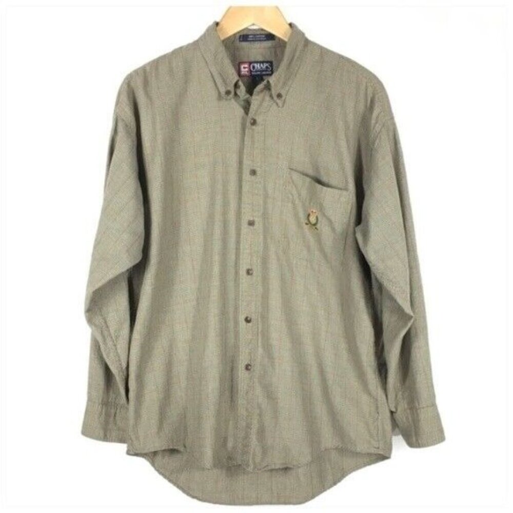 Chaps Ralph Lauren Button Down Plaid Dress Shirt Men Size Large Tan Brown Beige